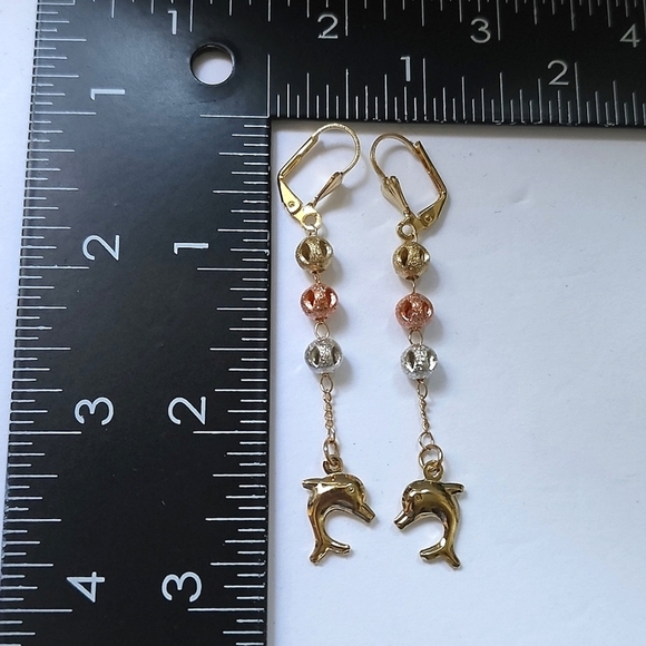Tri Color Gold Dolphin Dangle Earrings - Picture 3 of 5